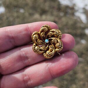 Vintage 10K Yellow Gold Ornate Etched Flower Opal Brooch Pin 1 Inch